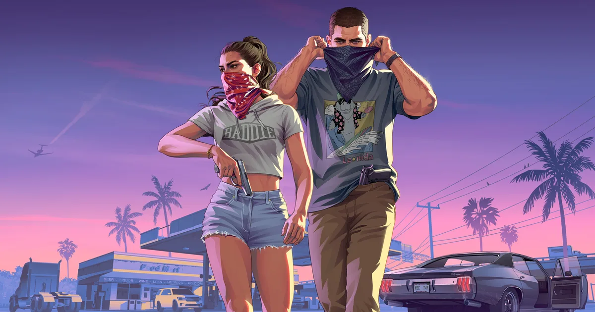 Jason e Lucia de bandana no rosto, arte oficial de GTA VI